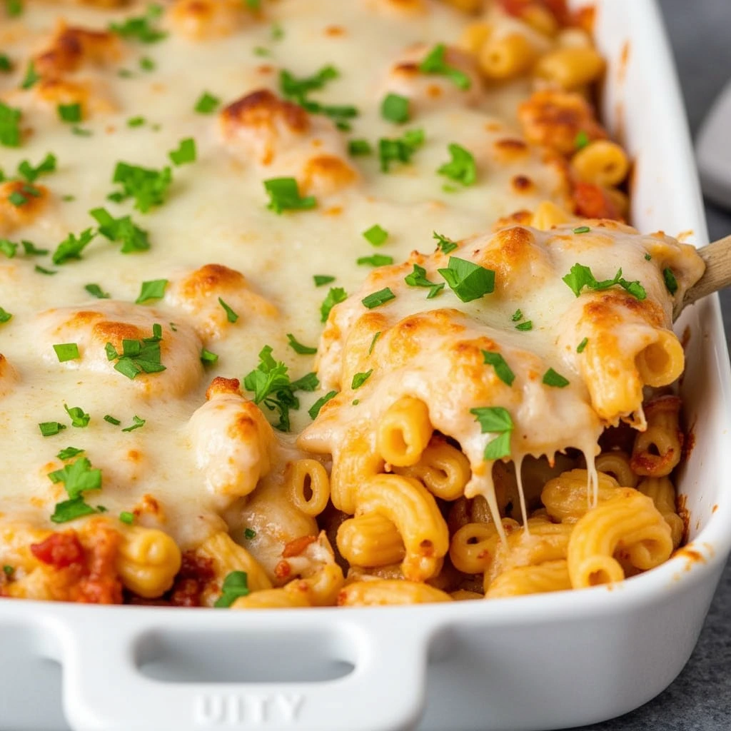 A delicious serving of Garlic Parmesan Chicken Pasta Bake with golden, bubbly cheese and tender chicken pieces, served in a baking dish.