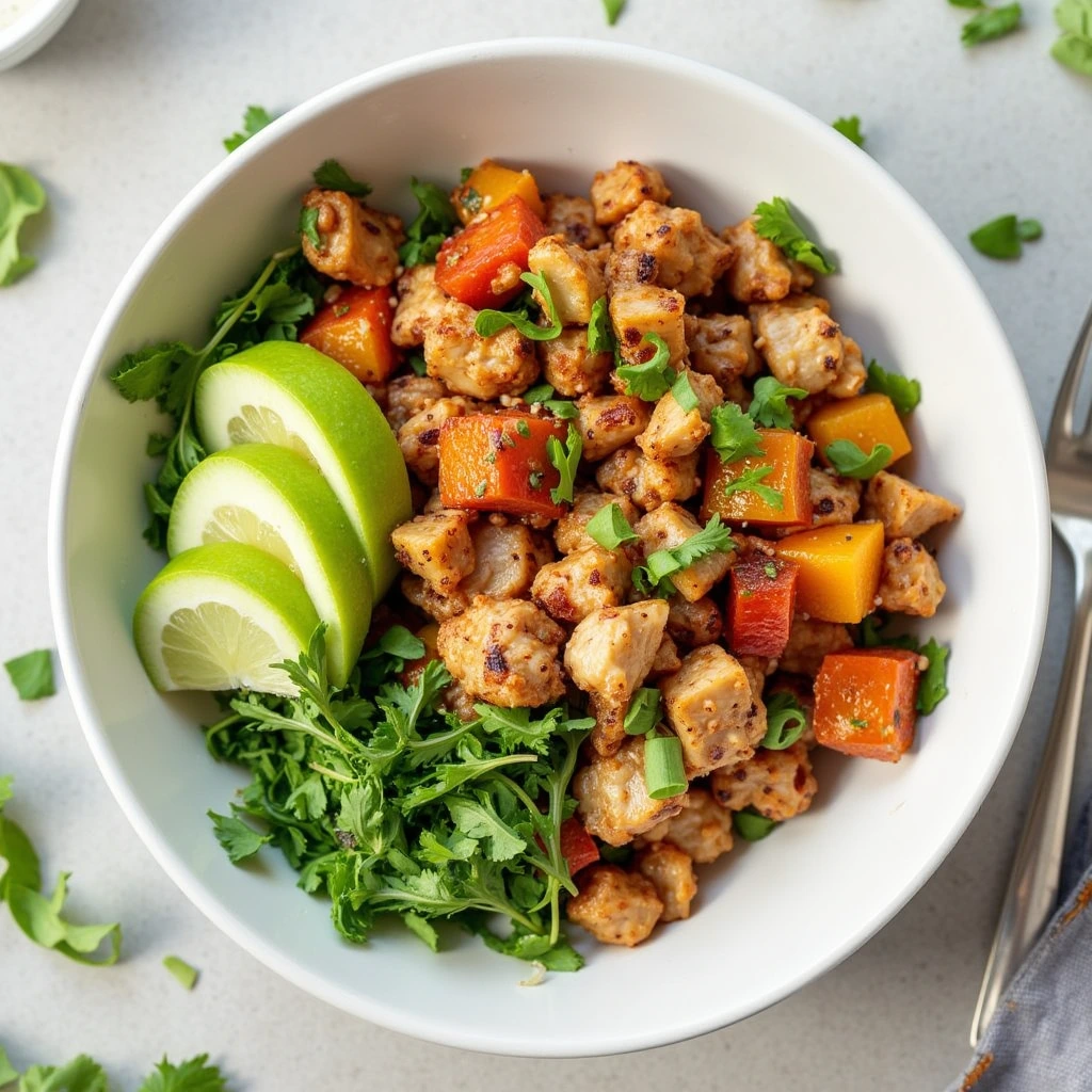 A vibrant chicken Buddha bowl, featuring grilled chicken, quinoa, leafy greens, colorful vegetables, avocado, and a light dressing, showcasing a healthy and balanced meal.