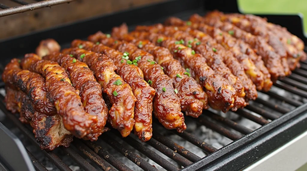 Close-up of smoked meats including brisket, ribs, and chicken on a wooden board, surrounded by spices, BBQ sauce, and fresh garnishes, highlighting bold BBQ flavors