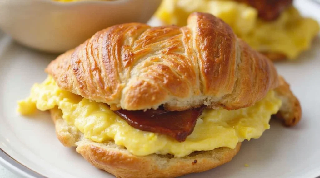  A warm, golden croissant breakfast sandwich filled with scrambled eggs, crispy bacon, melted cheese, and fresh greens, ready to be enjoyed as a hearty morning meal.






