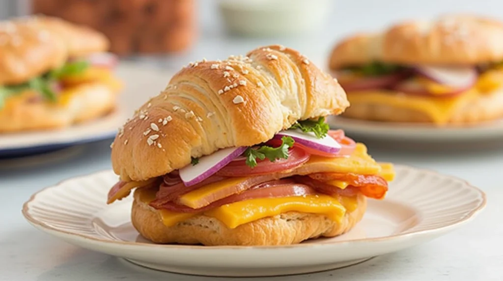 Savory croissant sandwich with fresh greens, melted cheese, and deli meats, beautifully arranged on a wooden serving board.