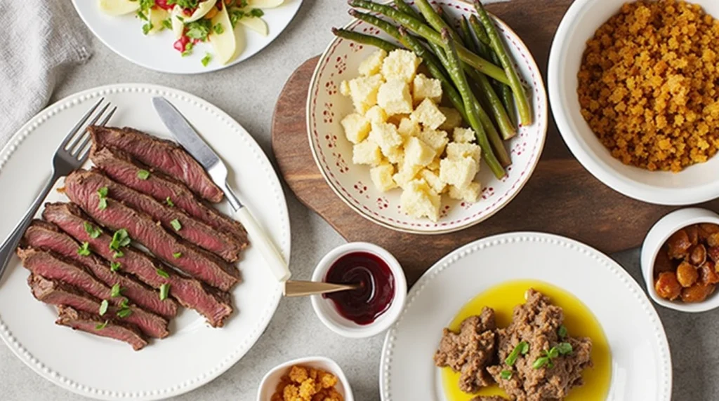 A variety of side dishes including mashed potatoes, roasted vegetables, and salad, served alongside tender beef cheek for a complete meal.