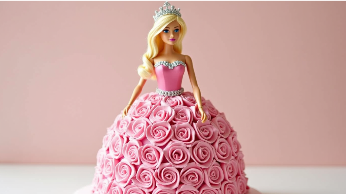 A homemade Barbie cake featuring a doll at the center, with a dress-shaped cake base decorated in pink frosting, floral patterns, and sparkling edible decorations.