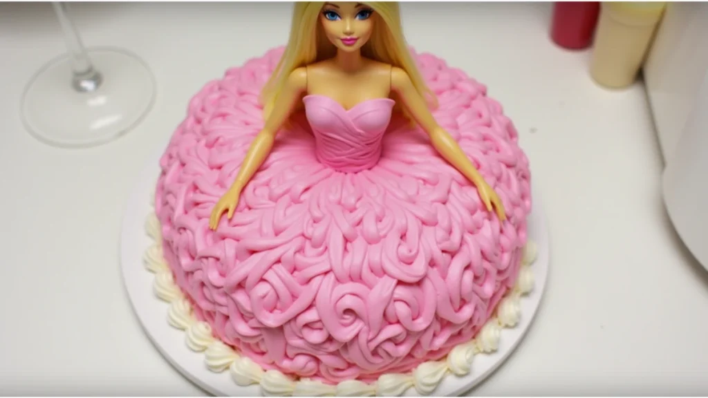  A Barbie cake with a doll in the center, surrounded by a dress-shaped cake decorated with colorful frosting.