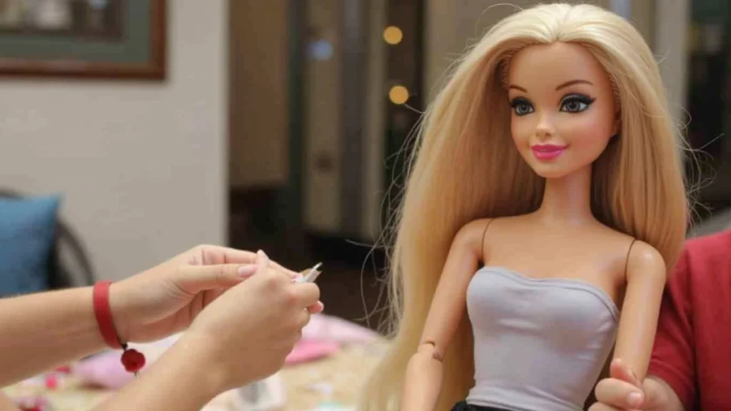 A Barbie doll being prepared for a cake, with its lower half wrapped in plastic and ready to be placed into the cake.